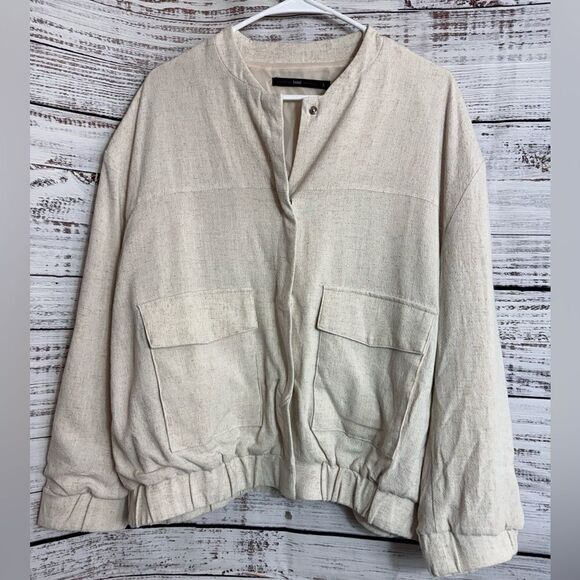Azel Hazel jacket Womens size Large bomber linen Ivory snap front casual woven - Picture 2 of 12